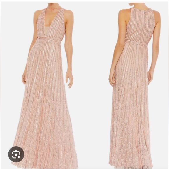 NWT Mac Duggal Sequined Sleeveless Plunge Neck Flowy Gown dress rose pink 10 - Picture 4 of 13